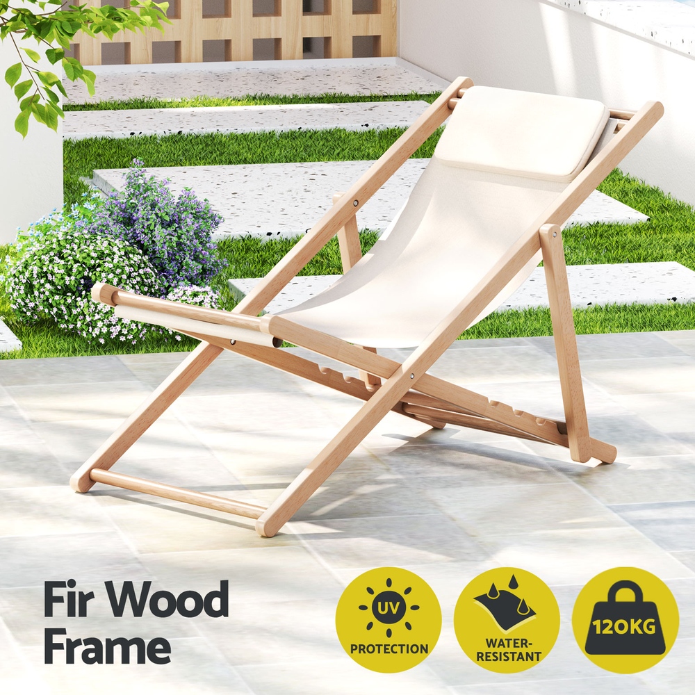 Gardeon Outdoor Deck Chair Wooden Sun Lounge Folding Beach Patio Furniture Beige โ image 4