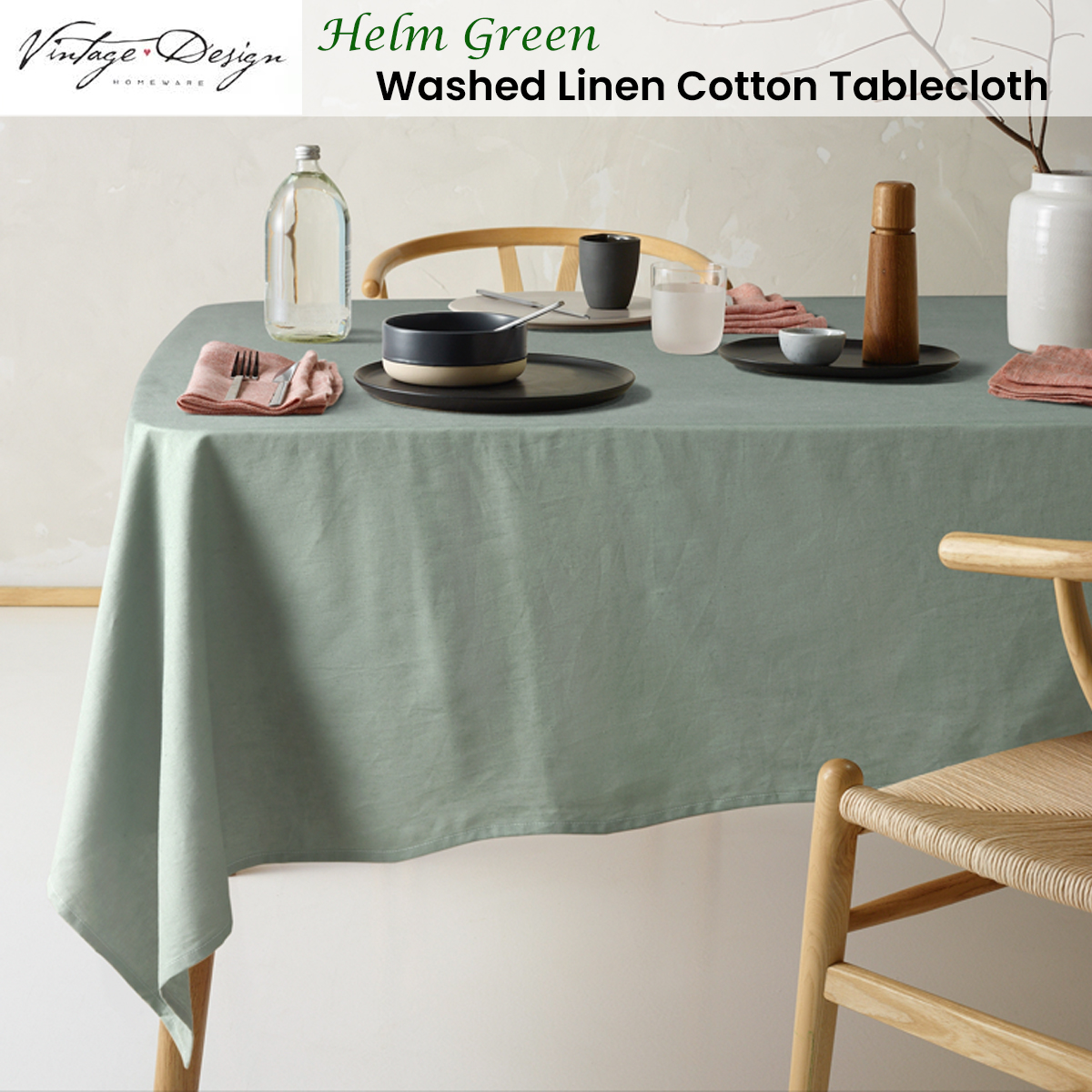 Vintage Design Homewares Helm Green Washed Linen Cotton Tablecloth 130cm x 180cm — image 2