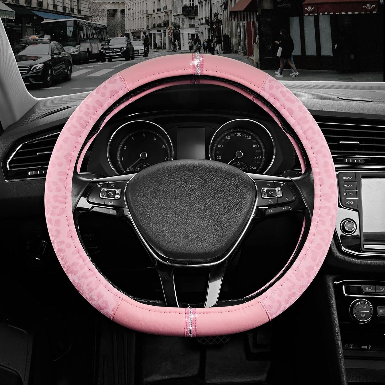 Leopard Steering Wheel Cover for Women, Cute Anti-Slip Microfiber Leather, Fits D Shape Flat Bottom Steering Wheel 14.5-15 Inch - Pink and Pink Leapoard