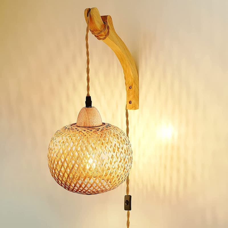 Bamboo wall lamp with lantern shape hand-woven lampshade, E26 lamp base, compatible with bedrooms and living rooms — image 6