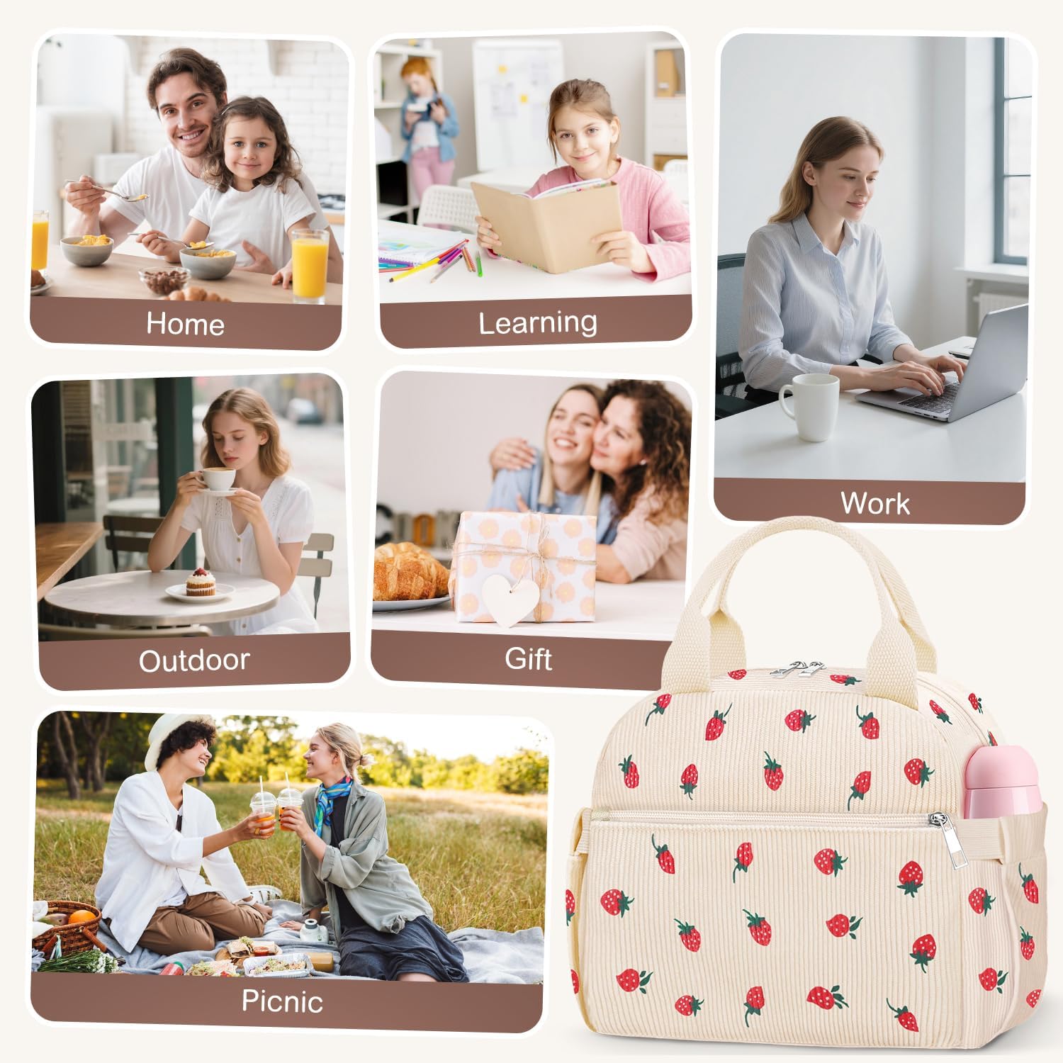Lunch Box for Women, Cute Strawberry Corduroy Insulated Lunch Bag Women Reusable Work Leakproof Simple Adults Large Lunch Boxes Tote Bag Men Cooler Bag β image 6