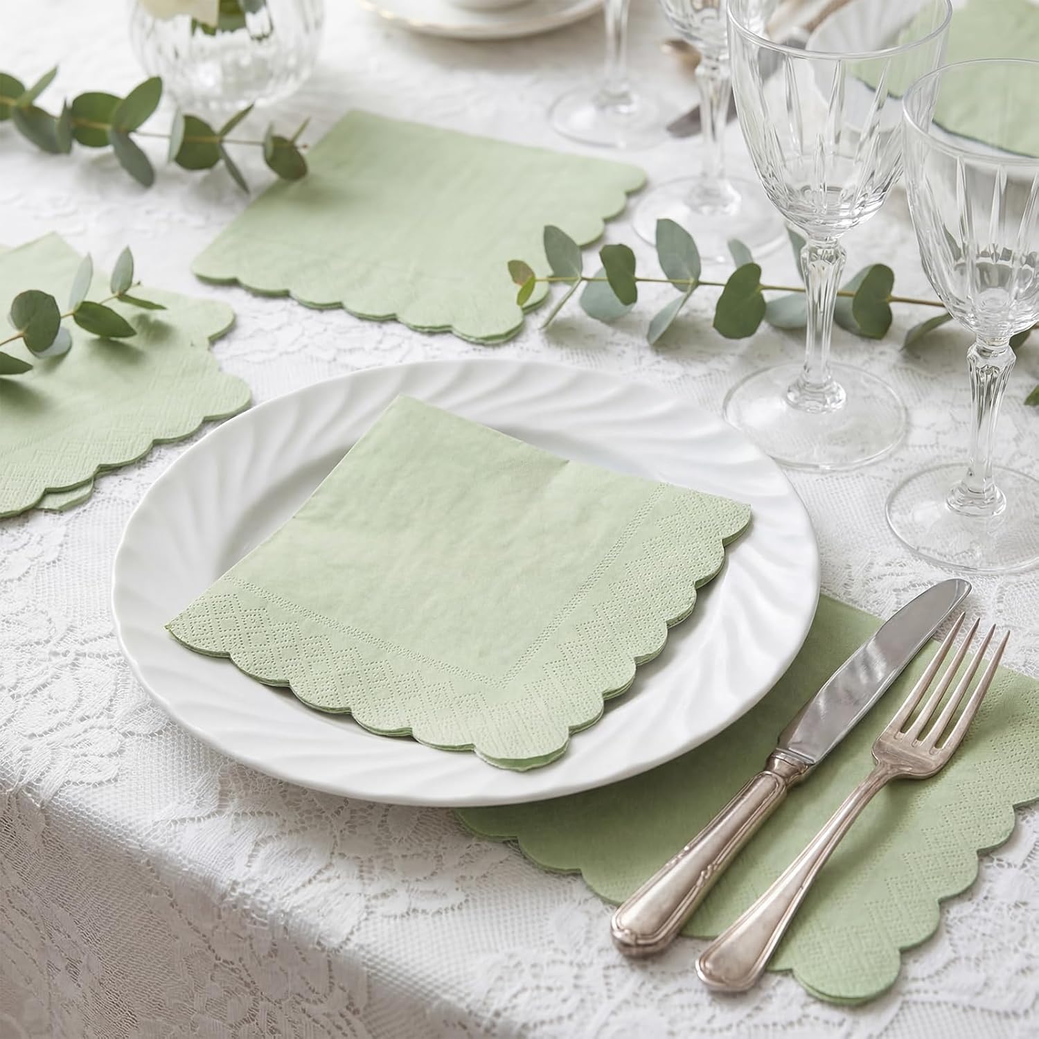 120 Pcs Cocktail Napkins Sage Green Wedding Napkins Disposable Baby Shower Scalloped Napkins for Bridal Shower, Birthday, 5 × 5 Inch — image 6