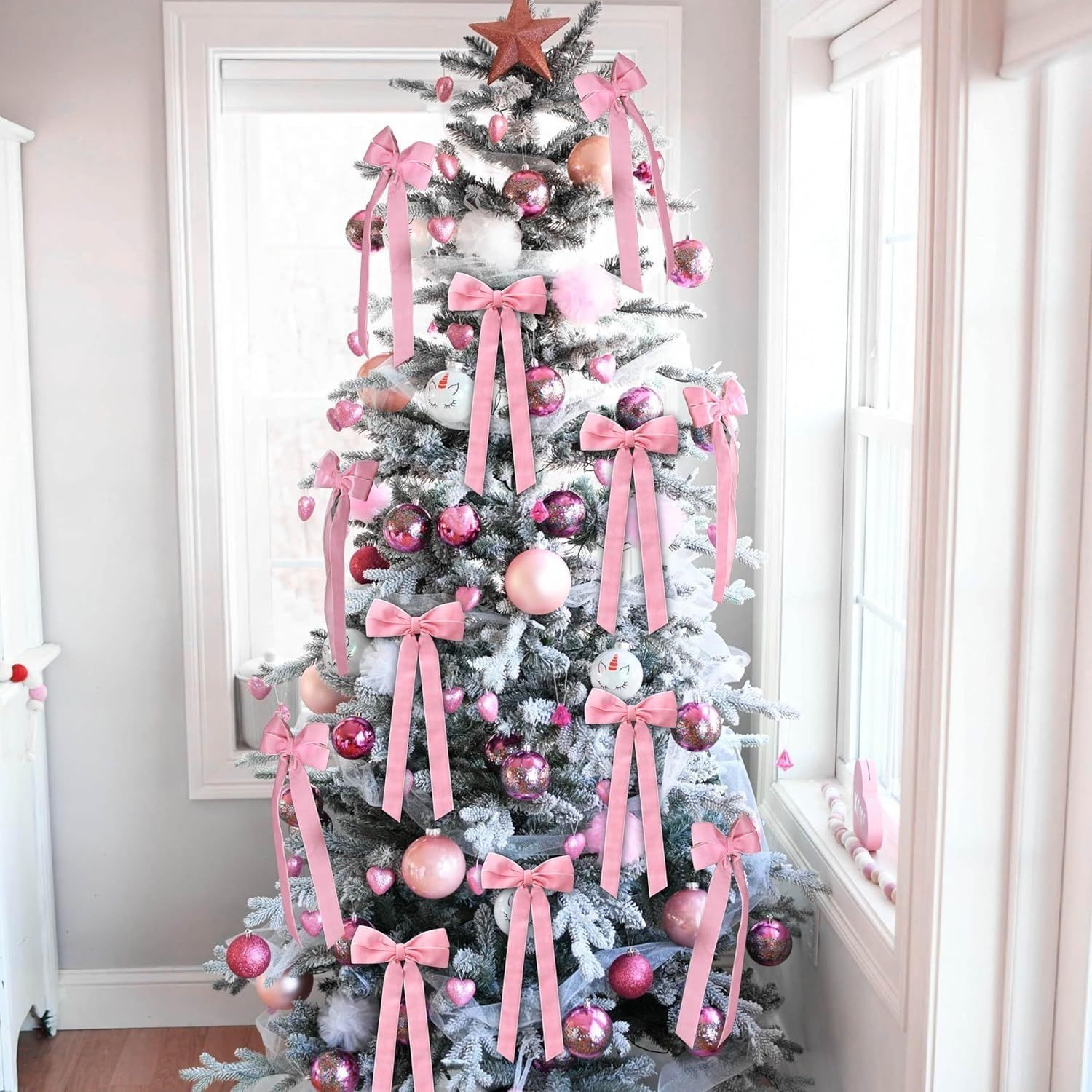 12Pcs Pink Velvet Ribbon Bows Christmas Tree Decorations,5in x 8.6in Xmas Ornaments for Tree, Vintage Velvet Bows for Christmas Tree Front Door Wreath Holiday โ image 4