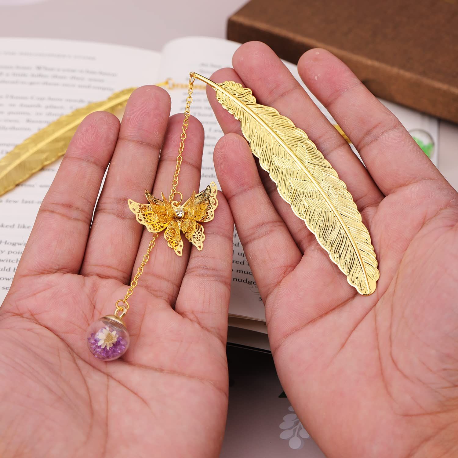Metal Feather Bookmark with 3D Butterfly Pendant Christmas Thanksgiving Unique Gift for Book Lover Teacher 2 Pack — image 4