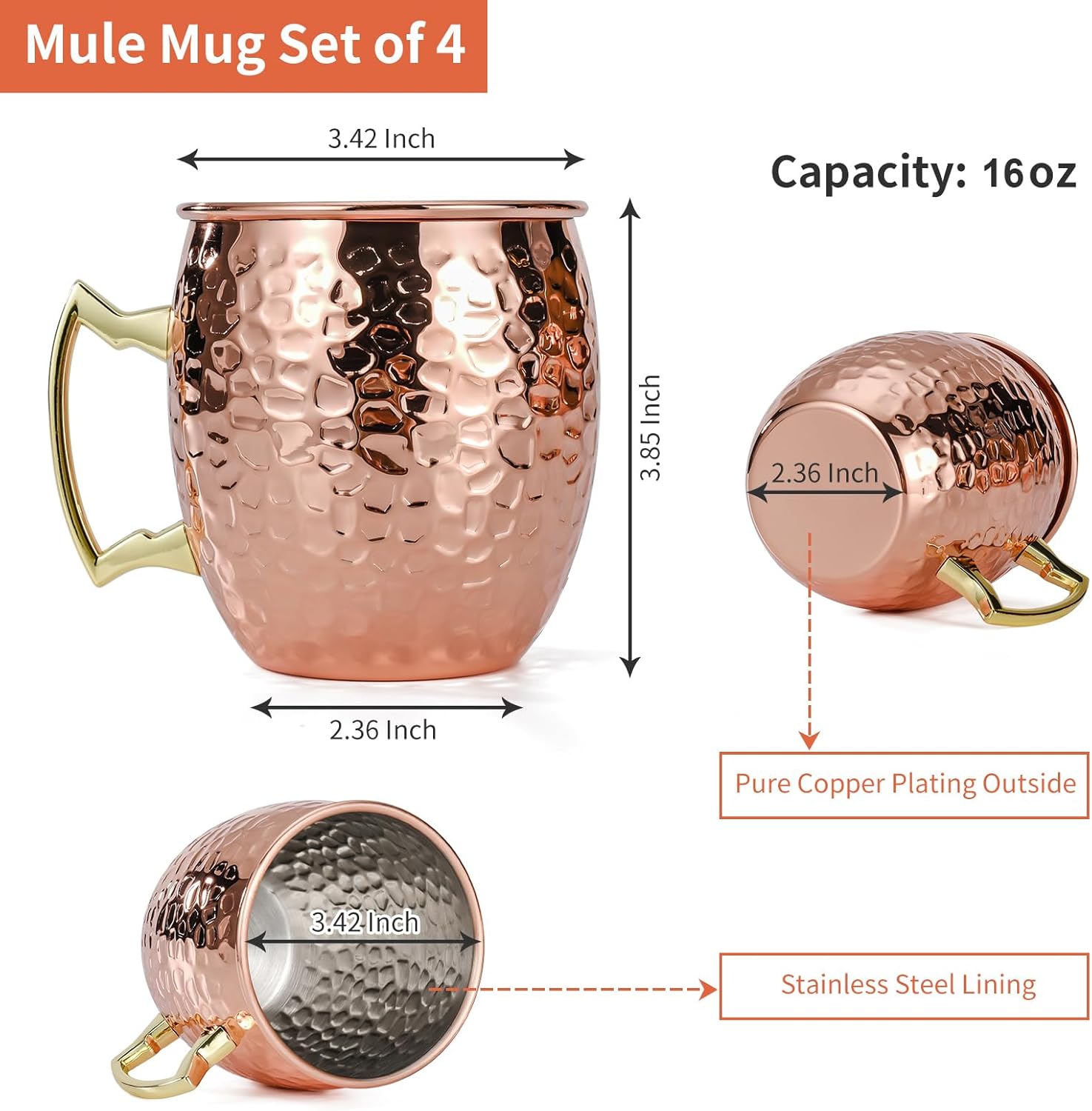 Moscow Mule Mugs Set of 4, 16 OZ Hammered Copper Cups with 304 Stainless Steel Lining and Gold Brass Handles, for Cold Drinks, Beer, Wine, Bars, Parties โ image 3