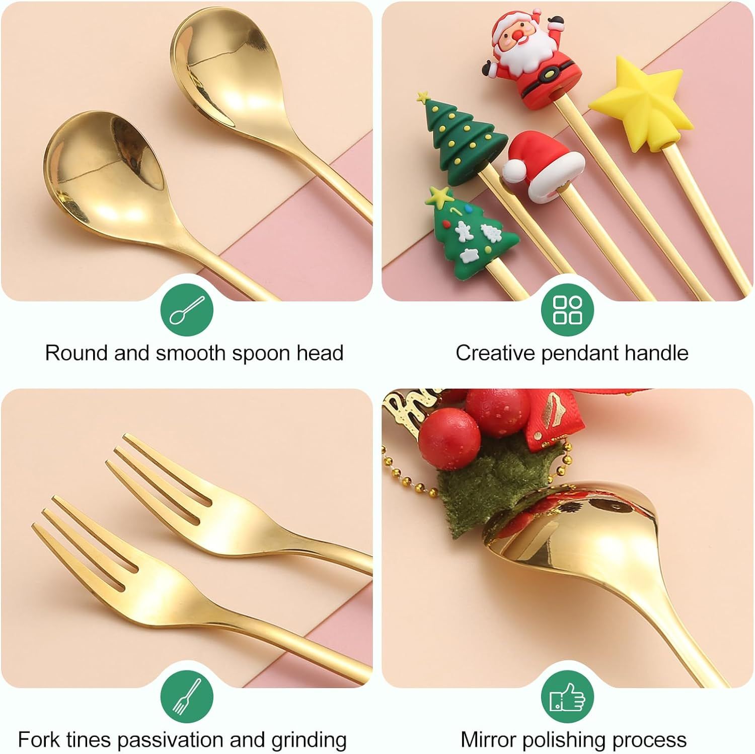 Stainless Steel Christmas Coffee Spoon and Xmas Dinner Forks Set Dessert Spoon Stirring Spoon, Cake Forks Gifts, Gold 6Pcs โ image 2