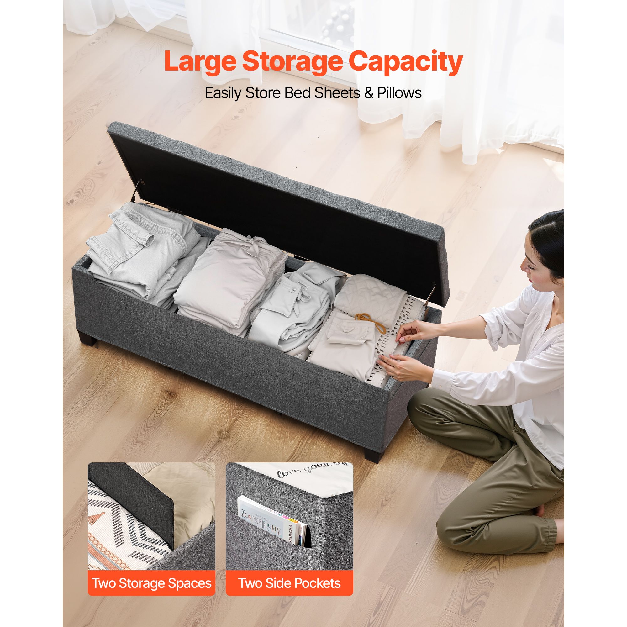 Storage Ottoman Bench, Button-Tufted End of Bed Bench with Side Bags, Flip-up Upholstered Storage Chest with Metal Frame, Linen Bed Ottoman for Living Room — image 2