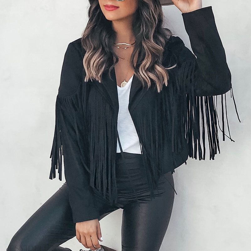 Women Suede Jacket Lapel Tassel Short SU2674 Beige Size: L; Height (cm): 165-170; Weight (kg): 55-60; Bust (cm): 90-94; Waist (cm): 74-78; Shoulder width (cm) — image 3