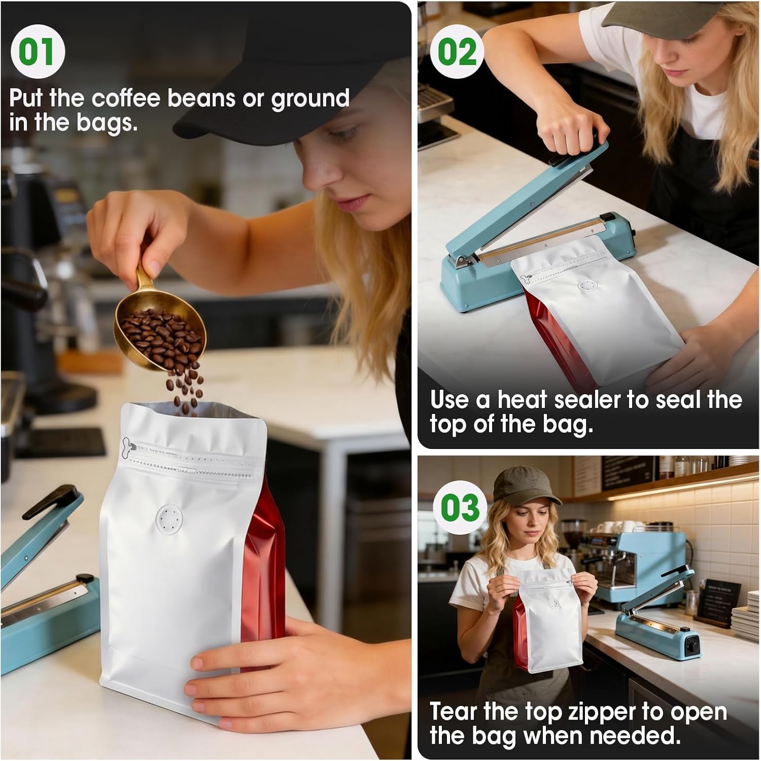Coffee Bags with Valve(60pcs,16 oz,1 lb) Vented Coffee Beans Packaging Bags High Barrier Aluminumed Foil Flat Bottom Heat Sealed Side Zipper Resealable Storage — image 4