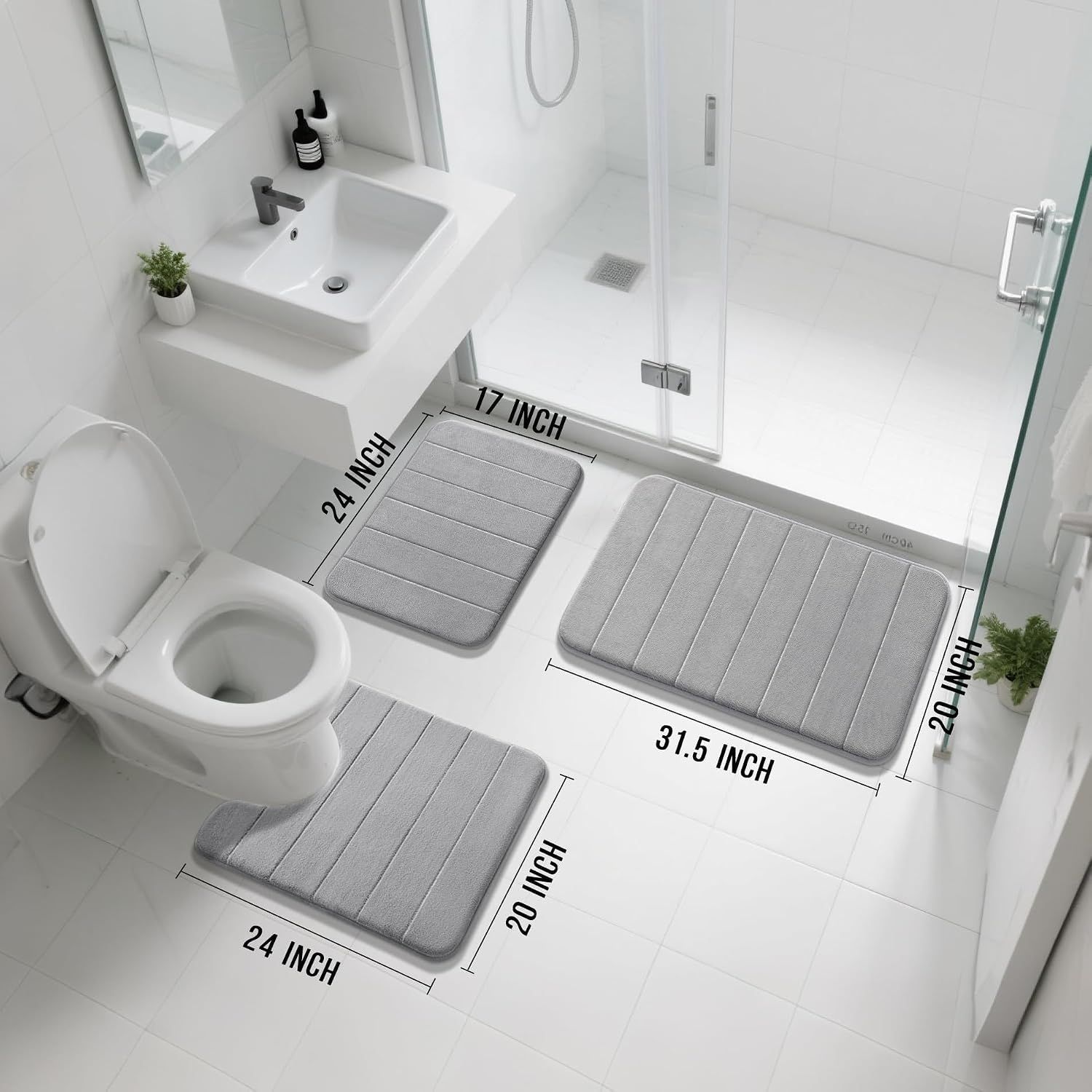 3 Pack Coral fleece Bath Mat Set - Super Soft Absorbent Quick Dry Bathroom Rug Sets, Machine Washable Non-Slip Floor Carpet for Tub Shower, Grey — image 2