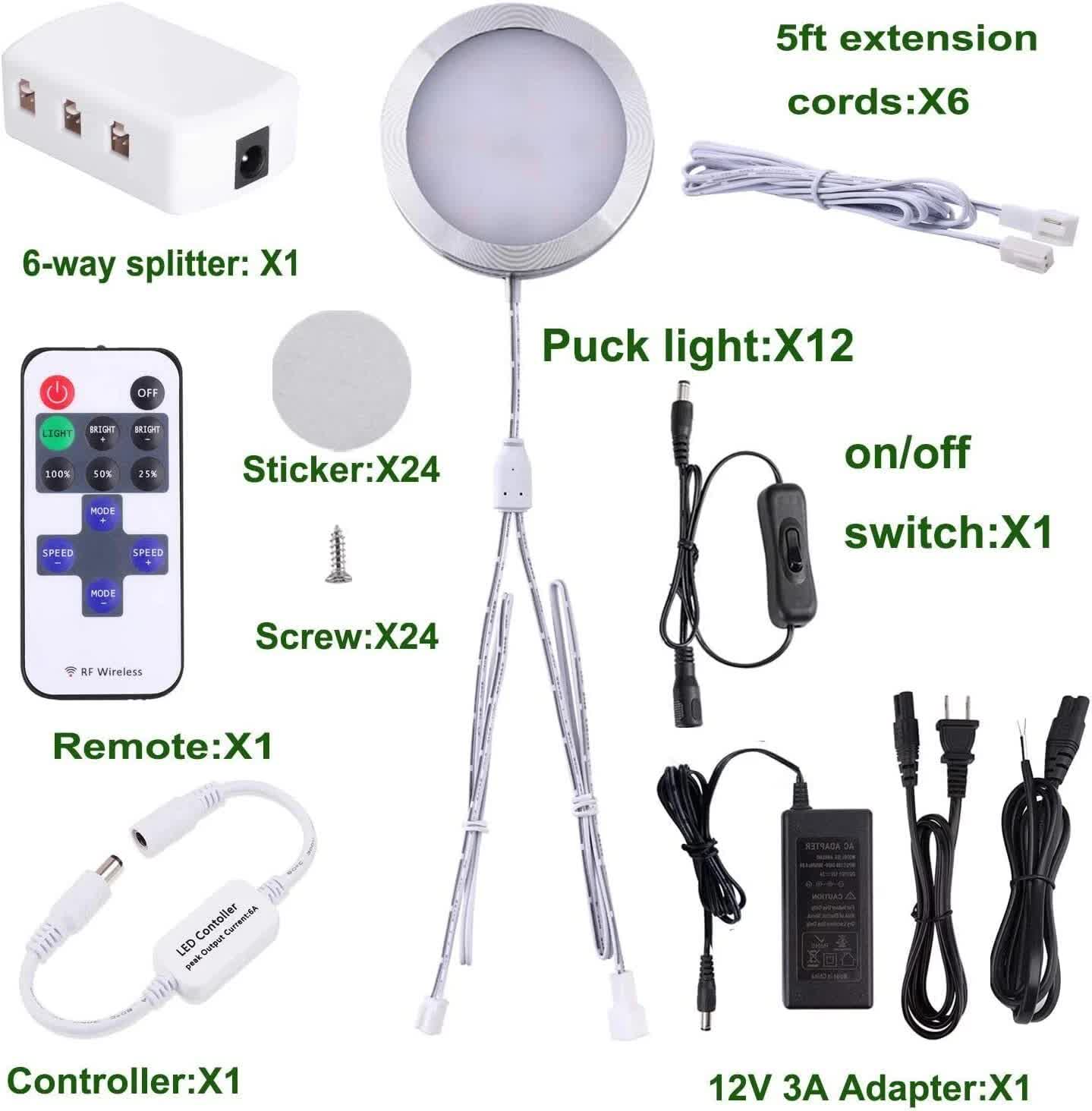 Linkable Under Cabinet LED Lighting 12V Dimmable Puck Lights with Wireless RF Remote Control, Hardwired & Wall Plug in for Kitchen Mood Lighting,Daylight White โ image 2