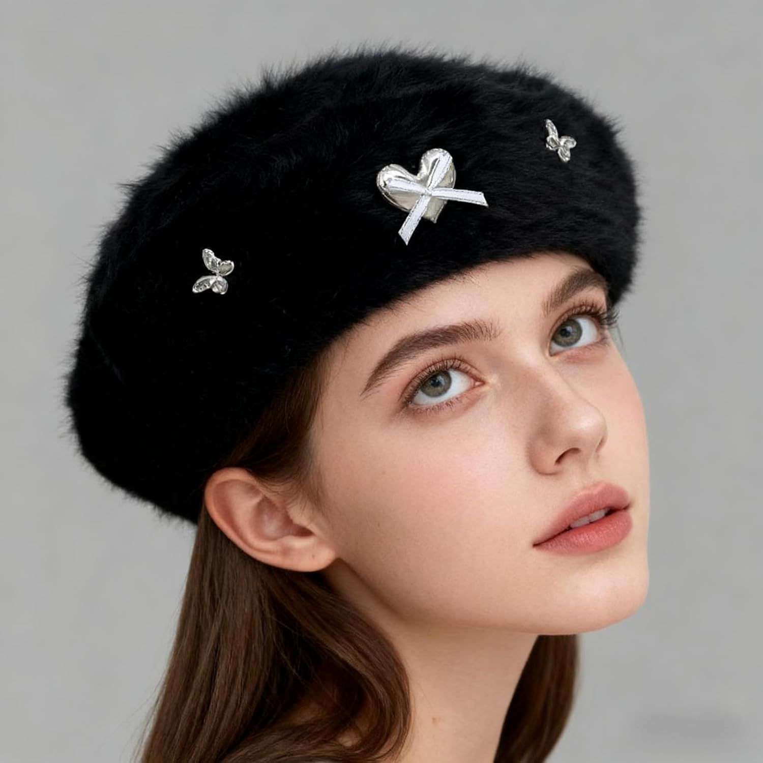 Fuzzy Faux Fur Beret with Heart Bow Butterfly Metal Gems for Women, Winter Atmosphere Artist Hat for A Slim Face Look โ image 2