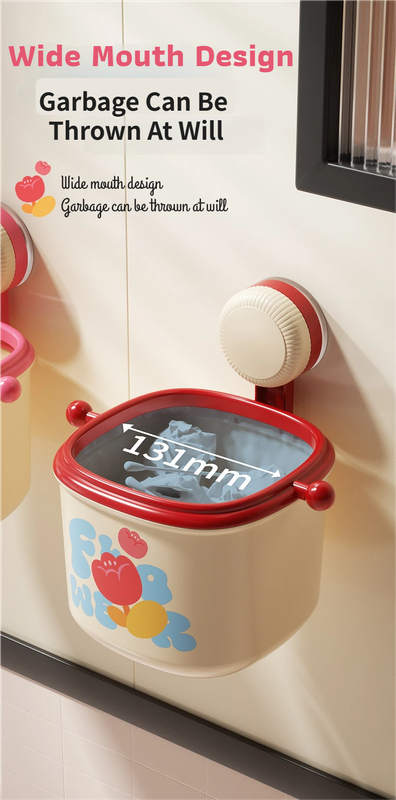 2-Pack Cream Red & Cream Powder Cute Suction Cup Wall-Mounted Trash Bin with Bag Press Ring and Wide Opening - Multifunctional Organizer & Waste Basket for โ image 5