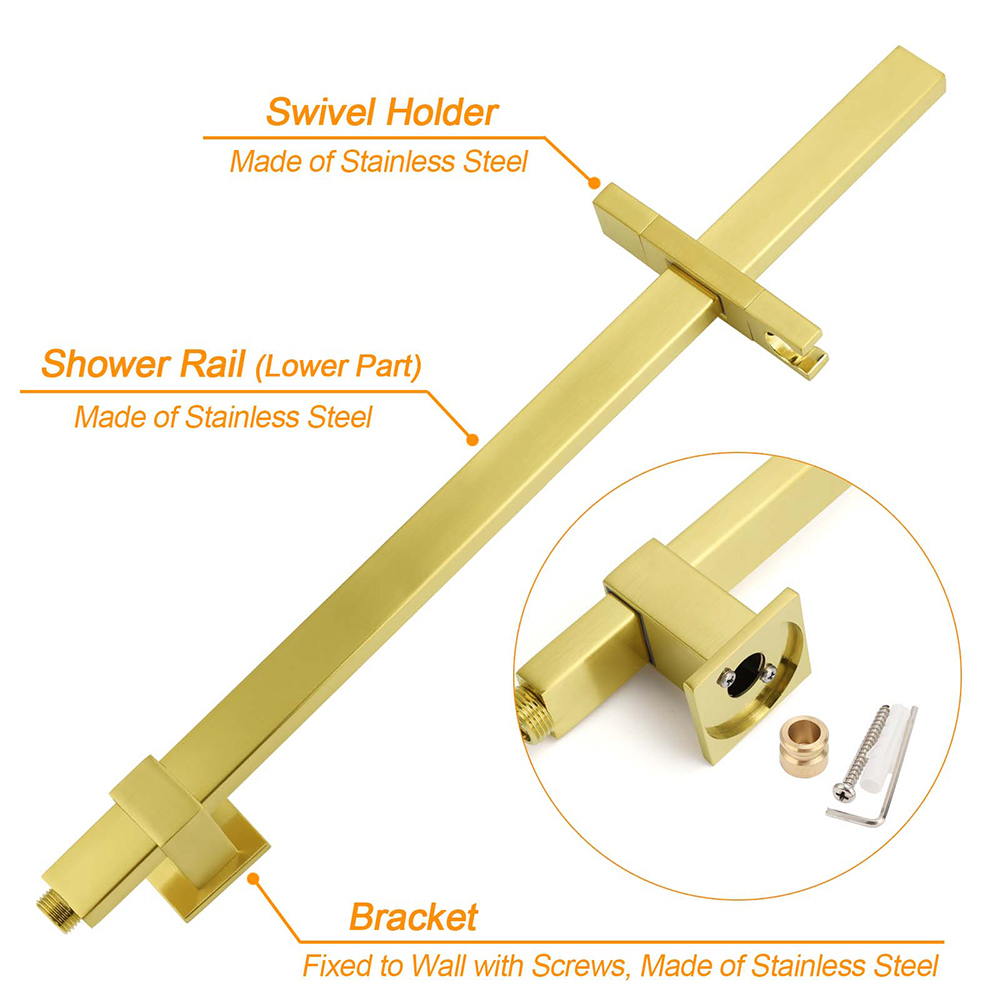 WELS Brushed Gold 2in1 Set 8" Square Rain Shower Head 3 Modes Handheld Silde Rail Arm + Mixer — image 5
