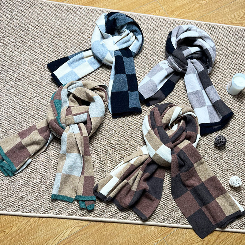Brown,Khaki And Green Unisex Retro Checkered Knit Scarf - Soft Thick Winter Shawl Wrap — image 2