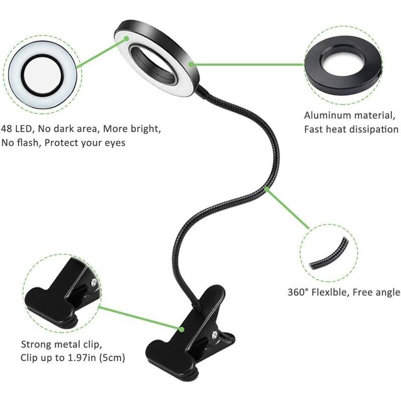 7W USB Clip Desk Lamp 48 LEDs 3 Colors 10 Brightness Levels Black — image 4