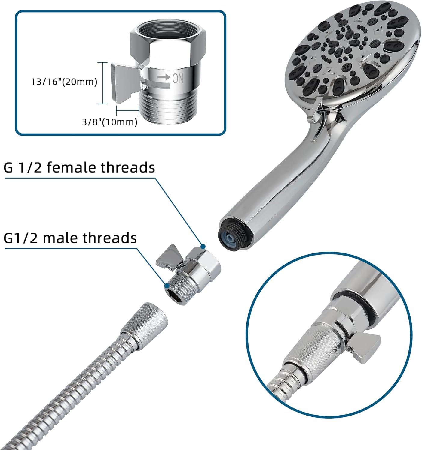 All Metal Shower Head Flow Control Valve with Showerhead Holder, G1/2 Brass Shut-off Valve with Metal Handle Lever, Strong Adhesive and Waterproof Handheld — image 5