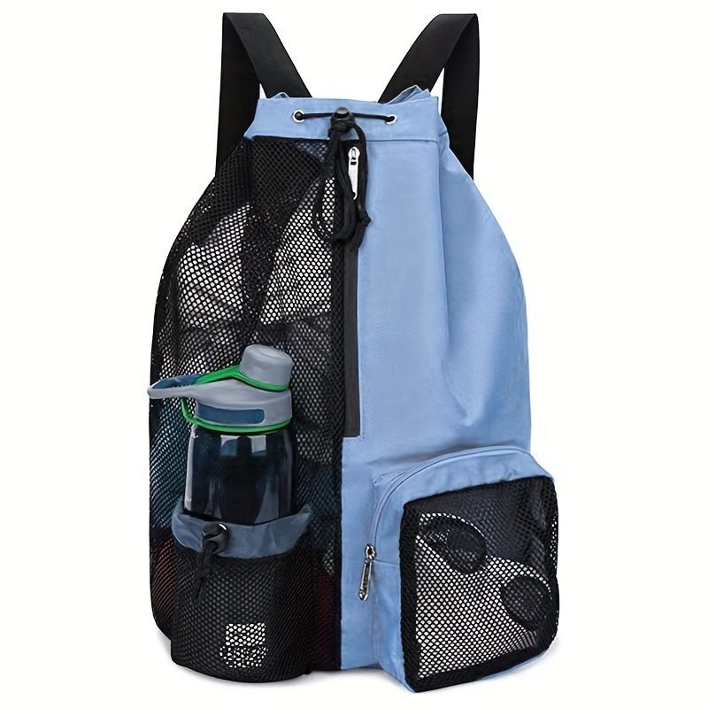 Mesh Drawstring Swim Bag - Large Capacity 20-35L Beach Backpack with Wet Pocket - Breathable Sports Sack for Gym Swimming Travel - Sky Blue