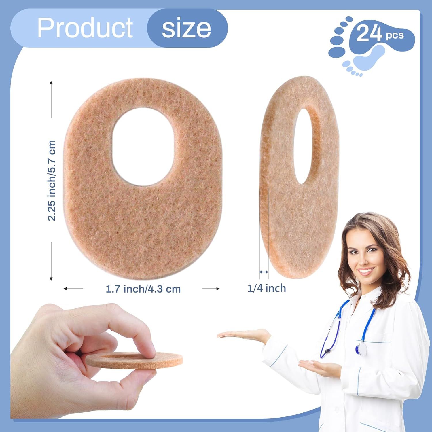 24Pcs Callus Pads,Soft Felt Callus Oval Shape Cushion Pads for Toes and Feet, Reduce Pain, Pressure and Friction from Shoes — image 2