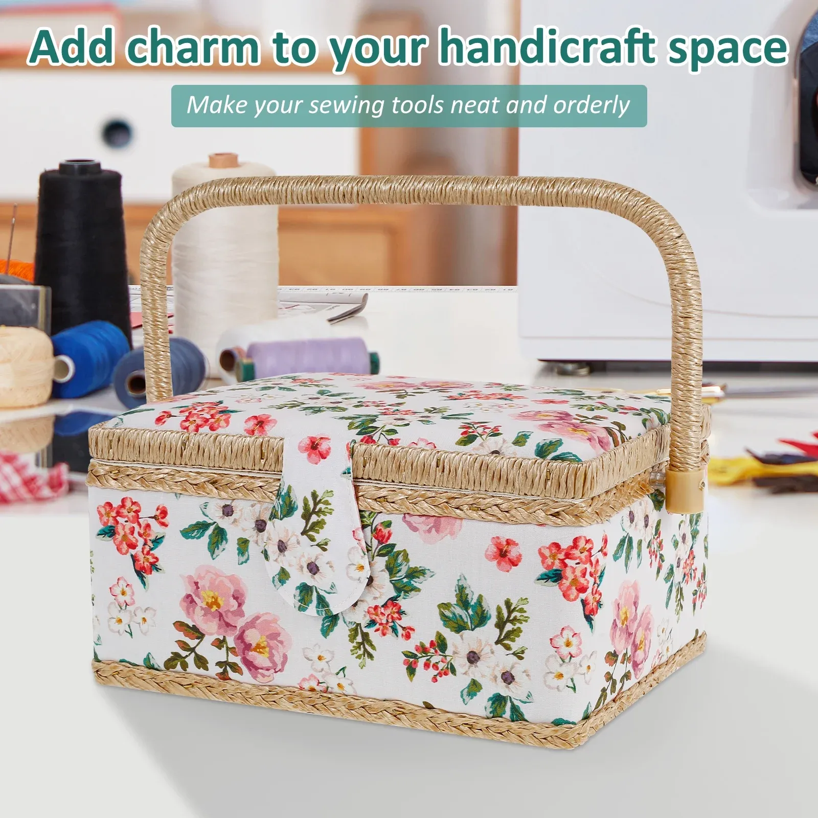 Sewing Basket with Removable Tray, Pin Cushion and Floral Fabric Organizer for Craft Supplies โ image 5