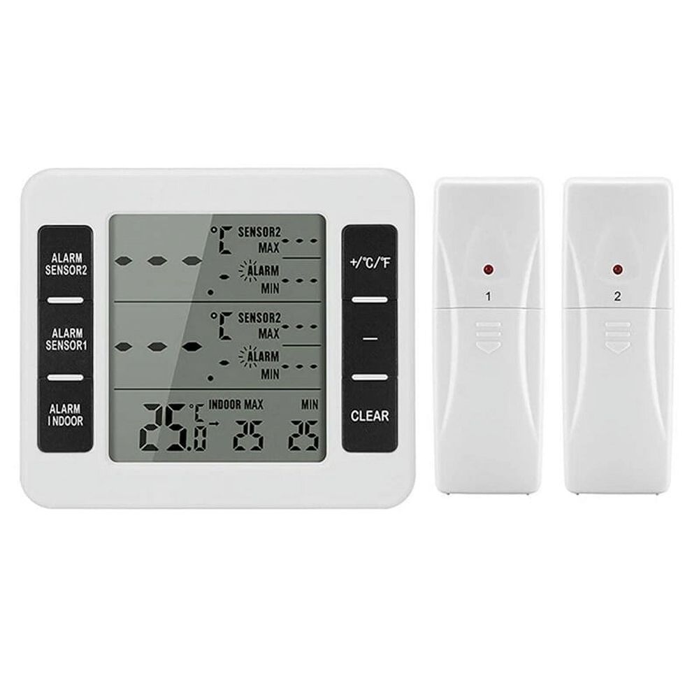1Set Wireless Freezer Thermometer 2 Remote Sensors Alarm Low Temperature Refrigerator Clock