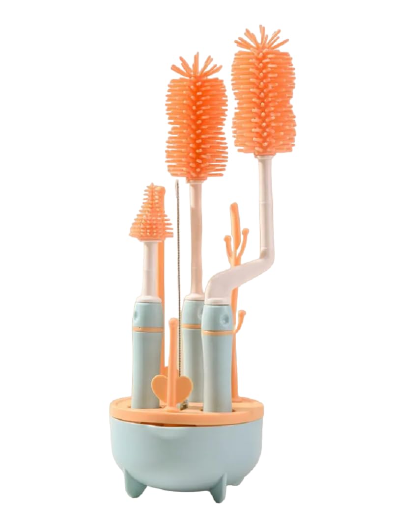 4-in-1 Bottle Cleaning Brush Set with Rotating Brush Heads and Countertop Drying Stand for Baby Bottles, Cups and Straws, Orange