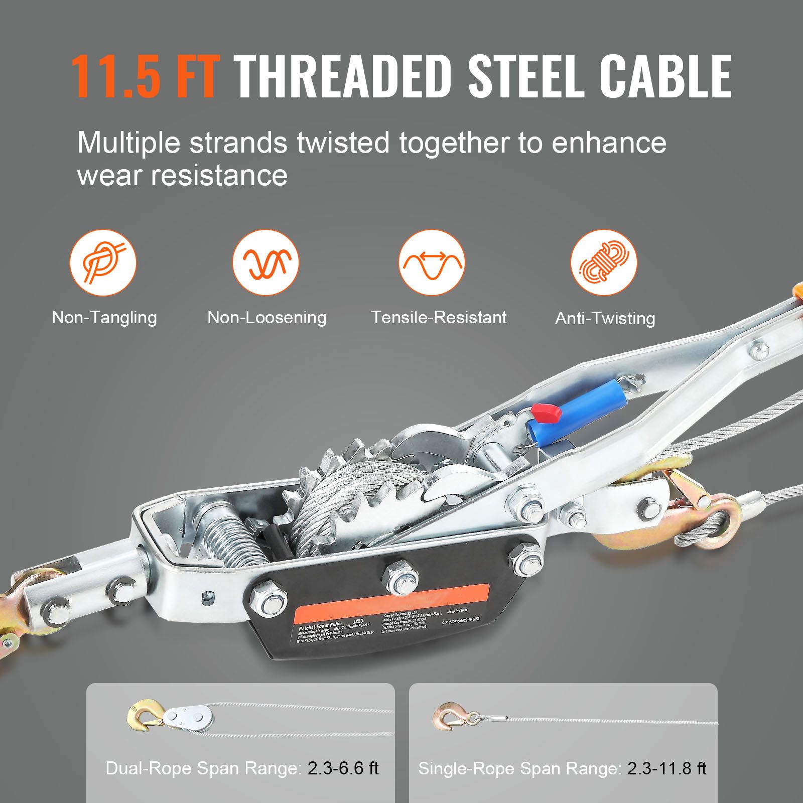 Come Along Winch, 5 Ton Max Pulling Capacity, 3.5 m Steel Cable, 3 Hooks, Heavy Duty Ratchet Power Puller Tool with Dual Gears, Automotive Hoist Cable Puller — image 3