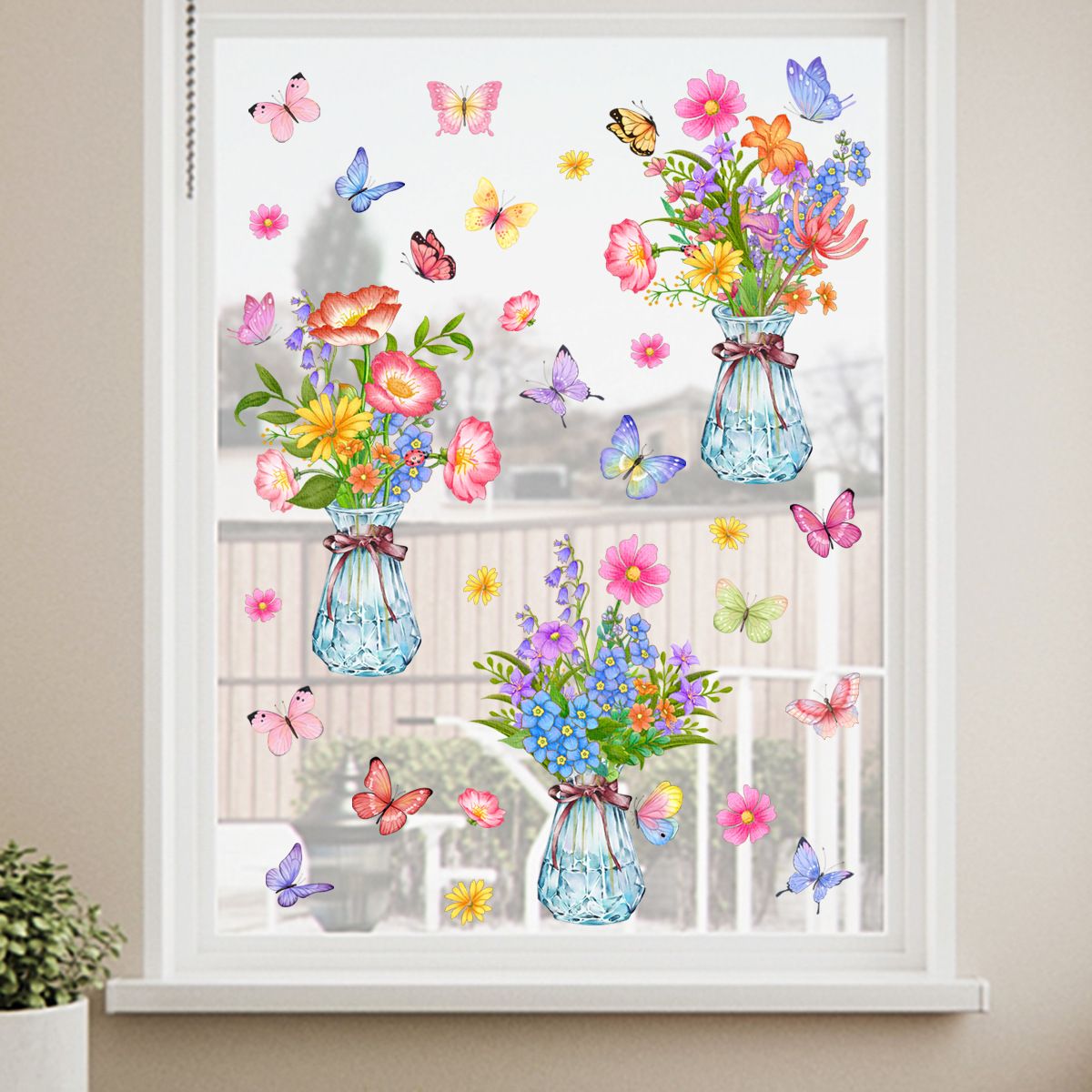Flower Window Clings Floral Vase Butterfly Wall Decals Double-Side Glass Sticker for Living Room Girls Bedroom Kids Home Decor โ image 3
