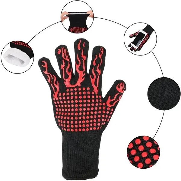 Heat Resistant Five Finger Grill Gloves with Cotton Lining and Non-Slip Grip for BBQ, Ovens and Outdoor Cooking, Black and Red — image 5