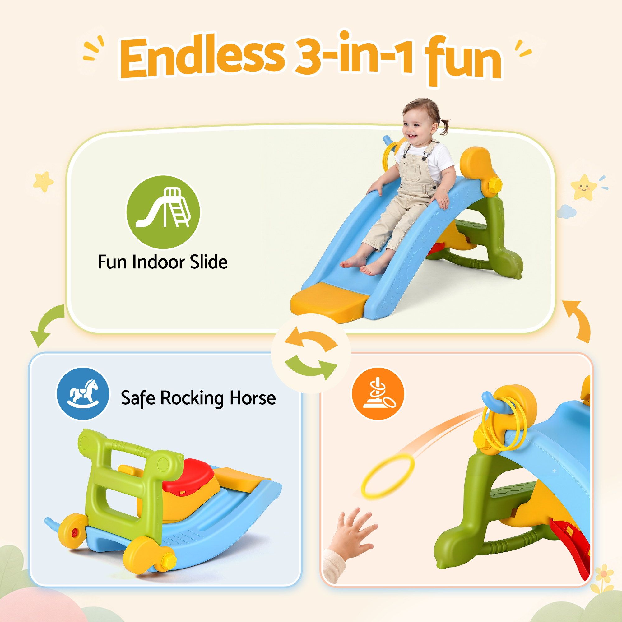 Keezi Kids Slide Set Toddler Indoor Playset Rocking Horse Ring Toss Multi Colour โ image 4