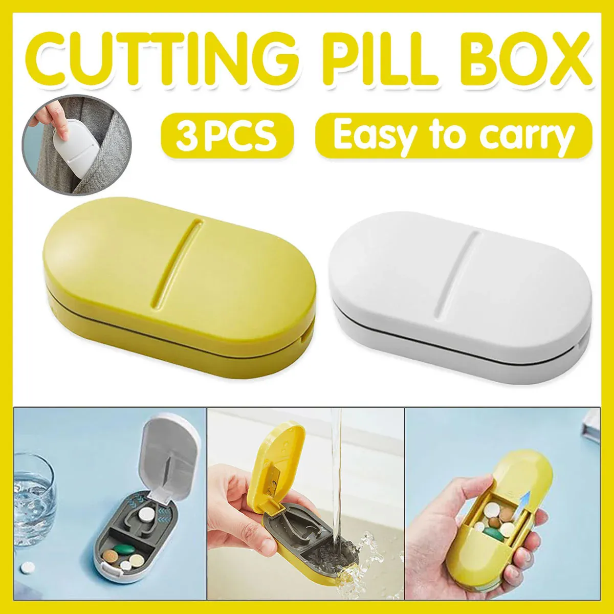 3PCS Tablet Cutter Pill Splitter Portable Medicine Box Pill Organizer Divider - Yellow — image 2
