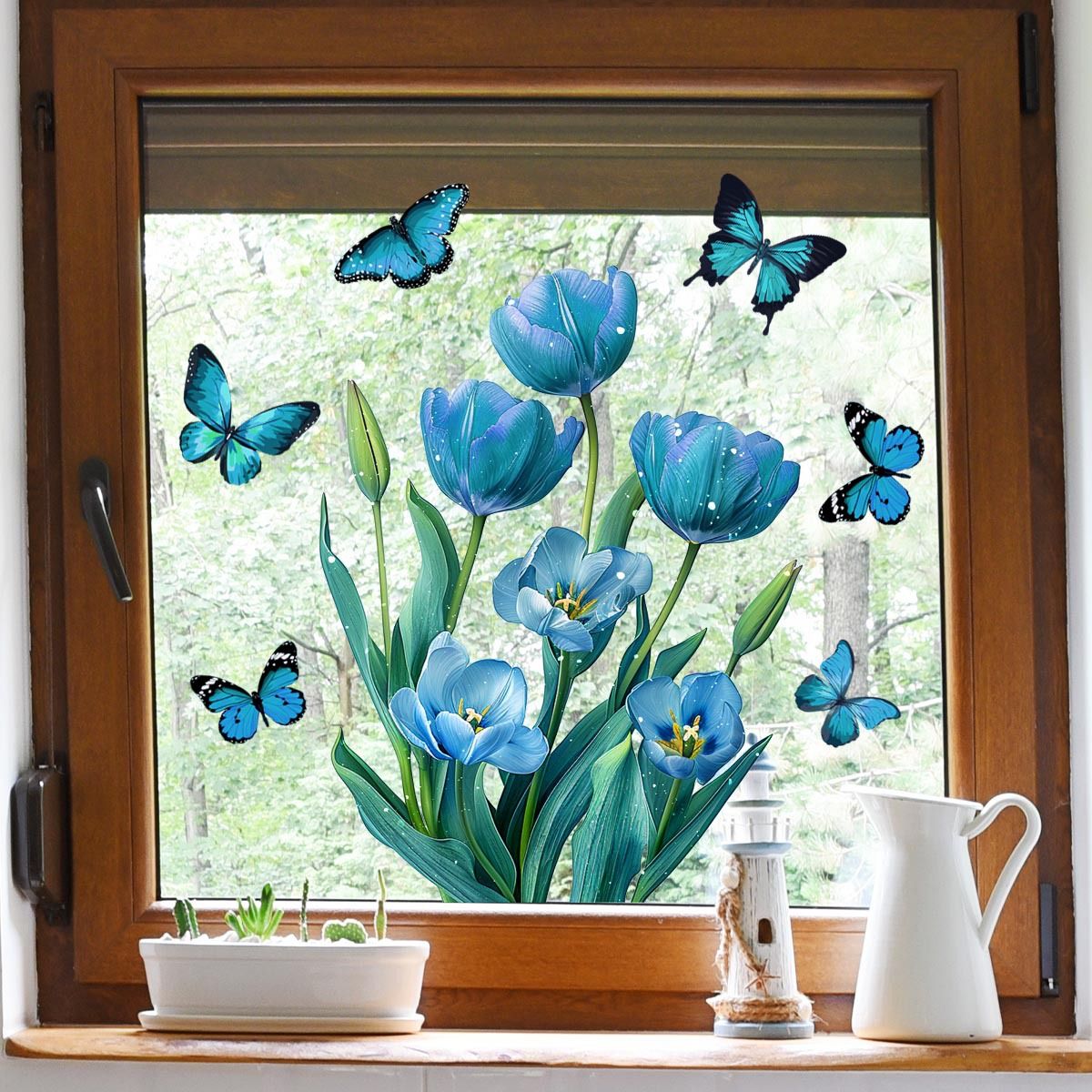 Spring Summer Window Cling Sticker,Blue Tulip Butterfly Flower Window Decal for Home Party Supplies Shop Window Glass Display — image 2