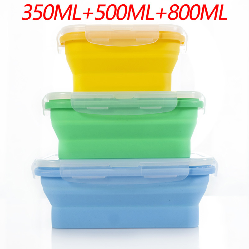 3-piece Set (Yellow + Green + Blue) Collapsible Silicone Food Storage Containers Set โ 350ML, 500ML, 800ML | BPA-Free, Microwave, Dishwasher & Freezer Safe