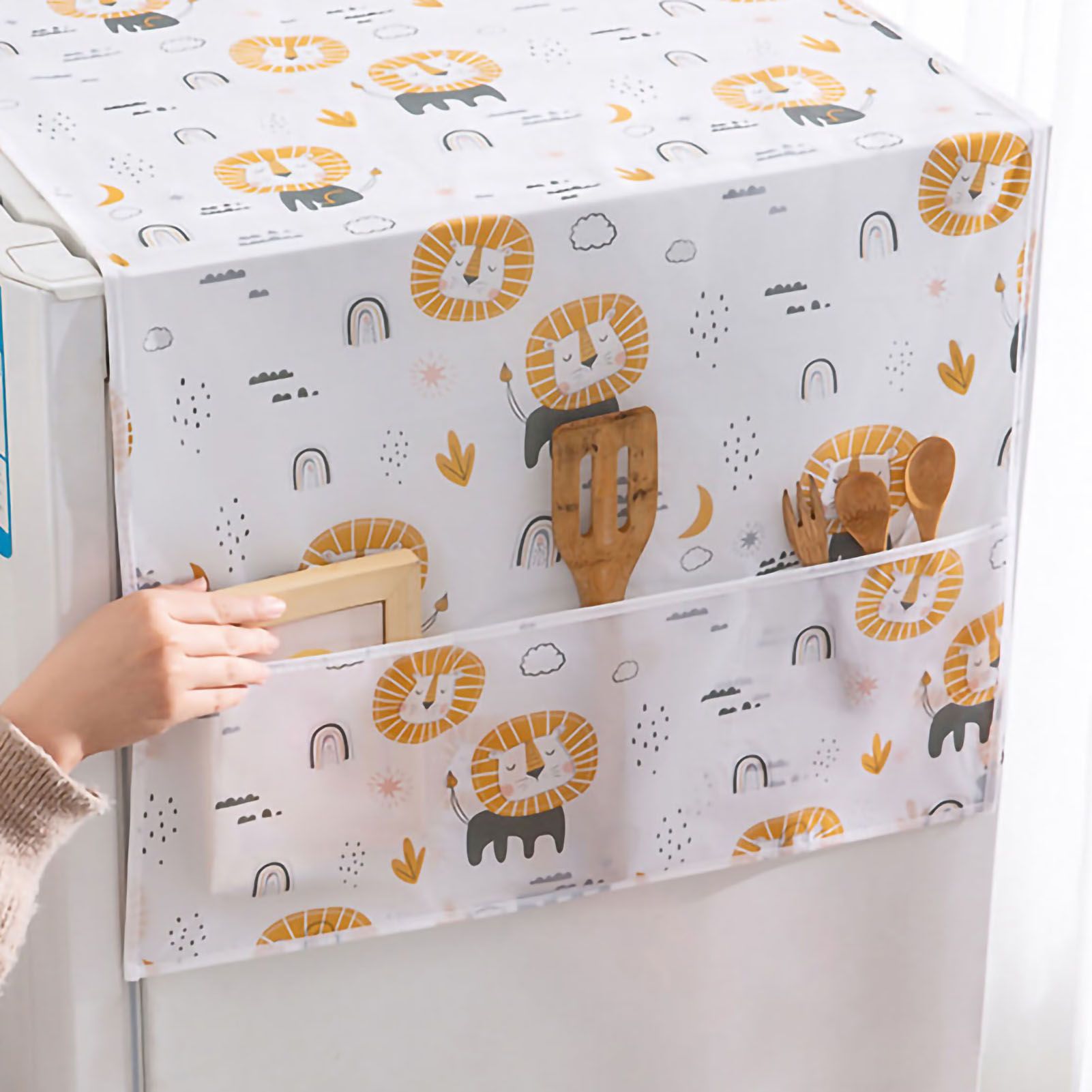 Refrigerator Dust Cover PEVA Home Water and Oil Proofing Refrigerator Cover Towel for Kitchen Lion 130x55cm/51.2x21.7in โ image 3
