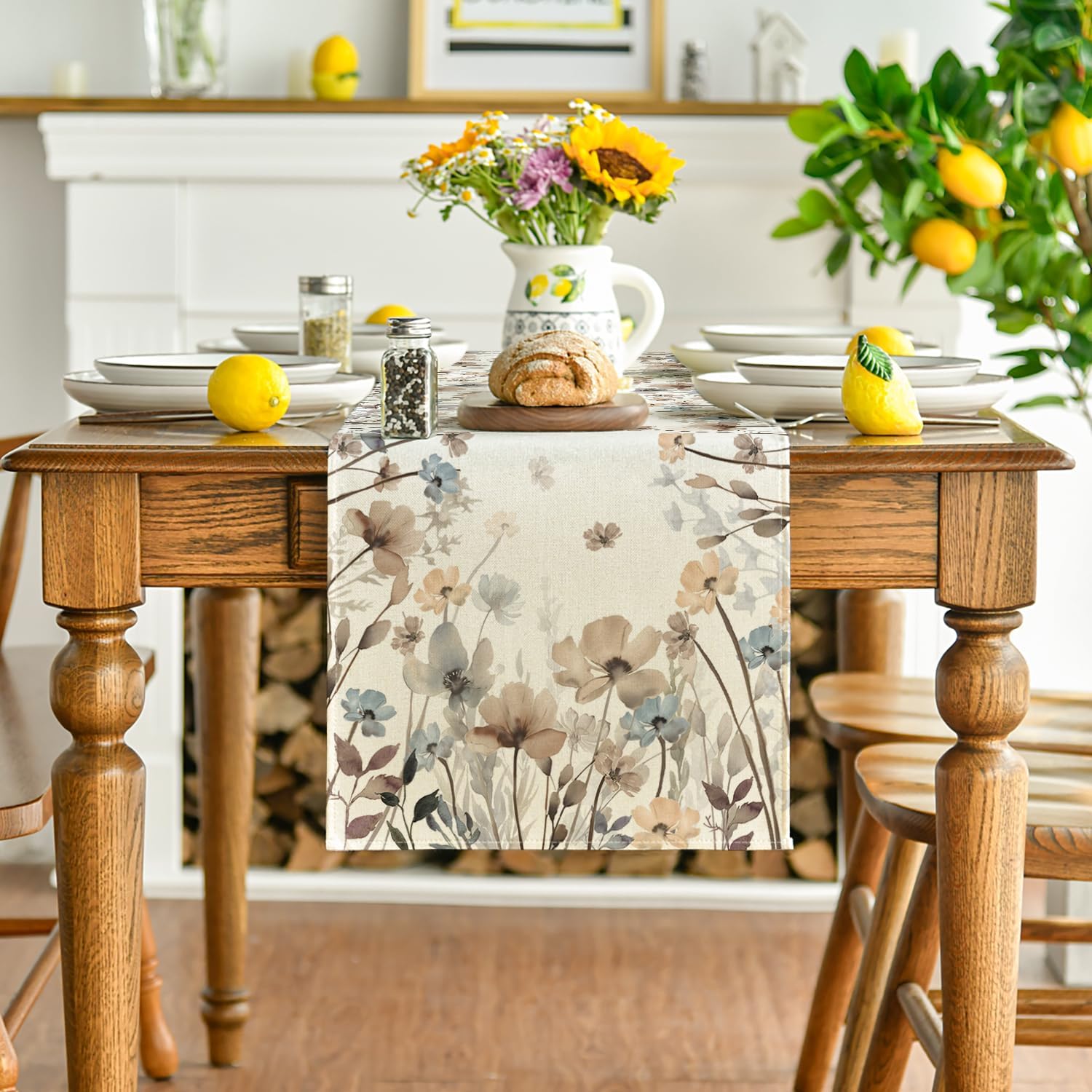 Brown Poppy Flowers Floral Blossom Summer Table Runner, Fall Kitchen Dining Table Decoration for Home Party Decor 13 × 72 Inch — image 2