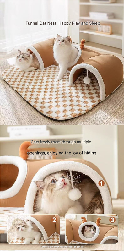 Grey L size Cat Tunnel Bed House 4-Season Universal Removable Washable U-Shaped Cat Cave with Multi-Entrance, Plush Hideaway Pet Nest with Detachable Mat for โ image 2