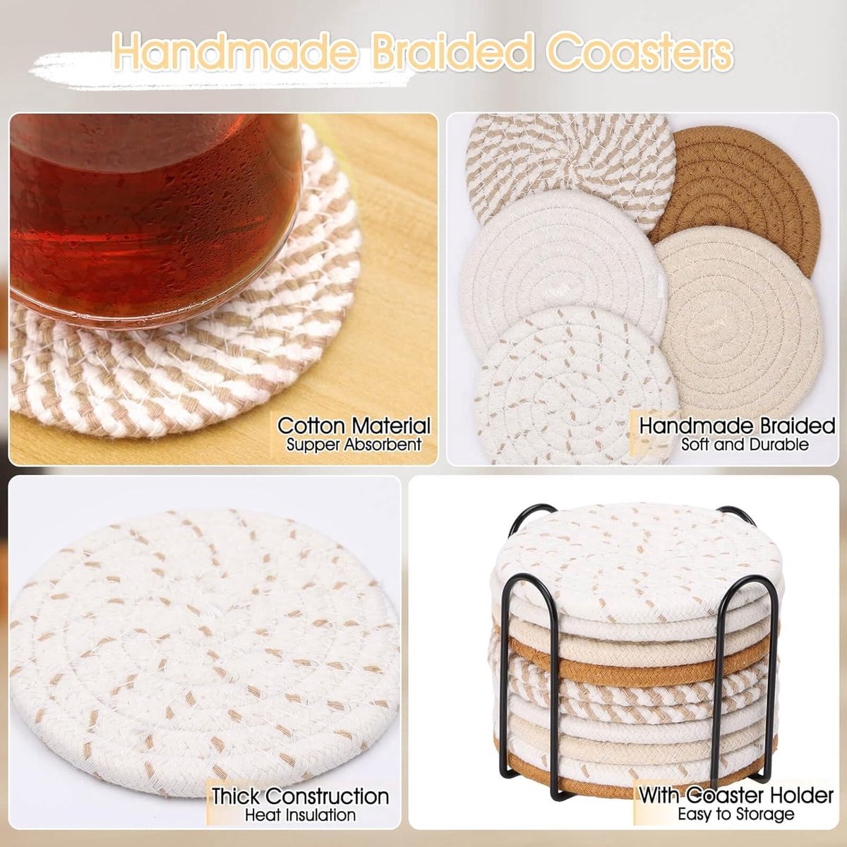 Cork Coasters - Set of 8 with Holder - Woven Coasters - Handmade - Thicker - Highly Hygroscopic - Anti-Slip - Placemats for Glasses - Coaster Set - Coasters — image 4