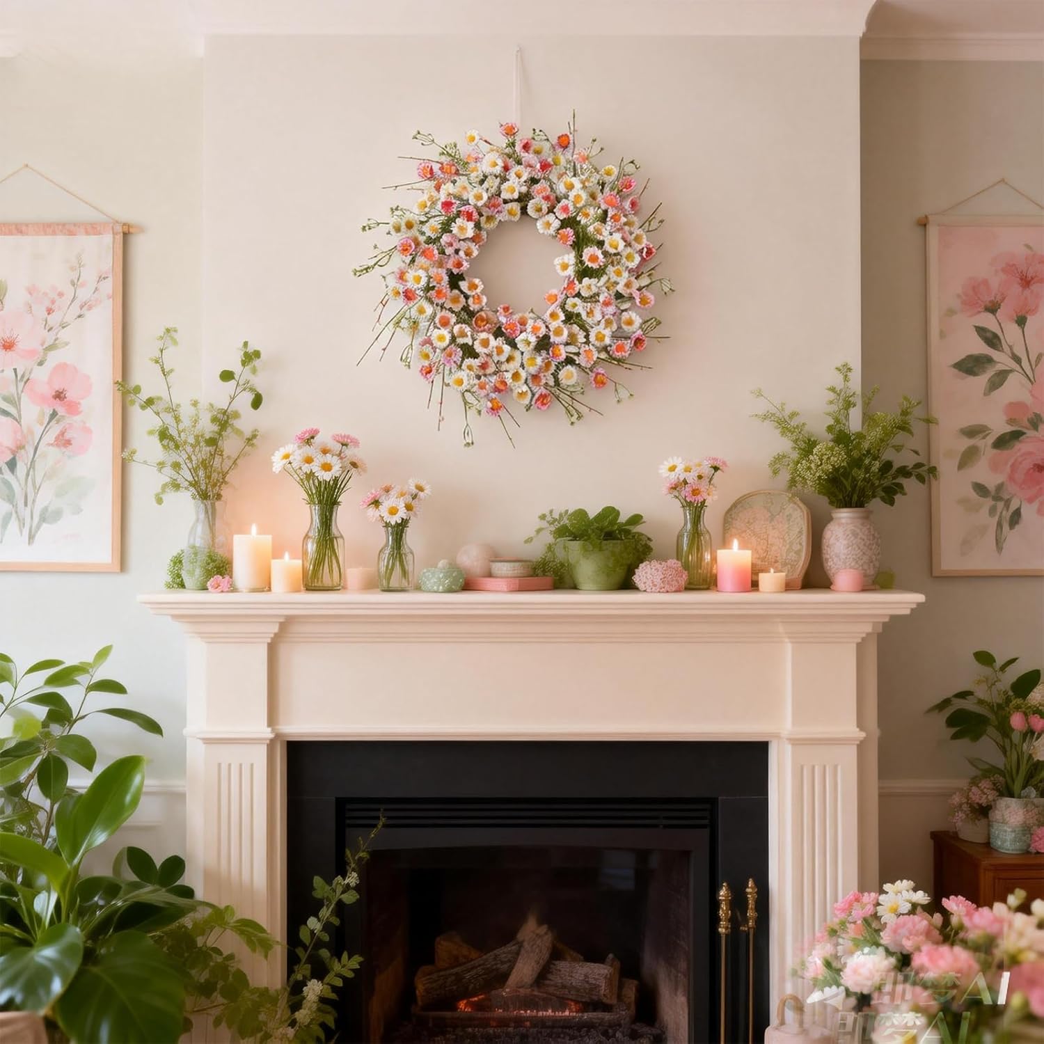 24 Inch Spring Wreaths for Front Door - Artificial Flower Wreath with Baby Pink & Cream Daisy, Summer Floral Wreath for Front Door, Farmhouse Spring Door โ image 3