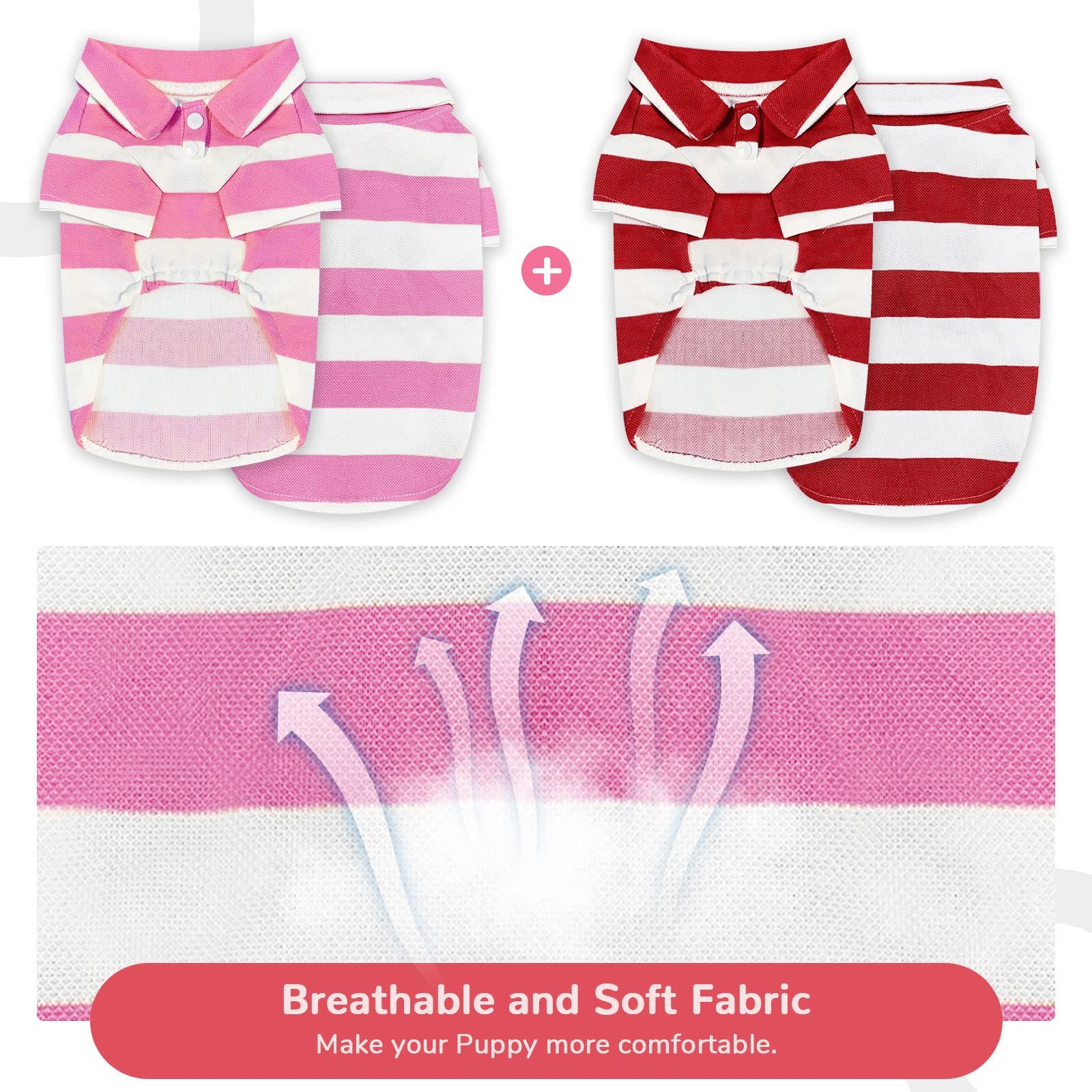 2 Pieces Stripe Dog Shirts Breathable T-Shirts for Small Dogs Cats Girl Boy Puppy Sweatshirt for Poodle Teacup (Pink+Red,Medium) — image 3