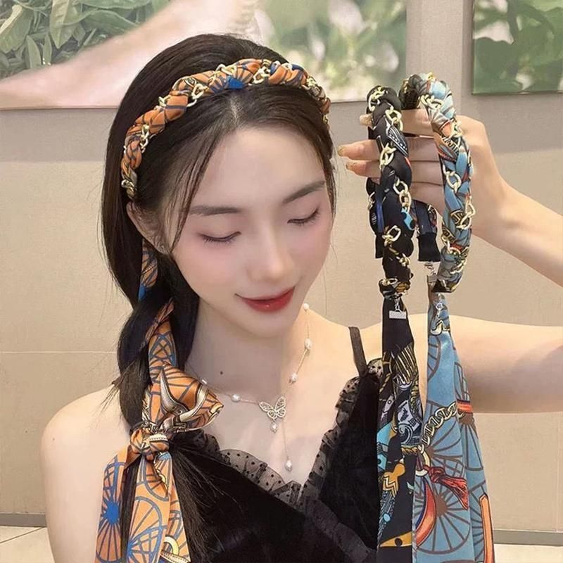 Chains patterned satin headband with Long Scarf Headband Scarf Hair Accessories - Black — image 4