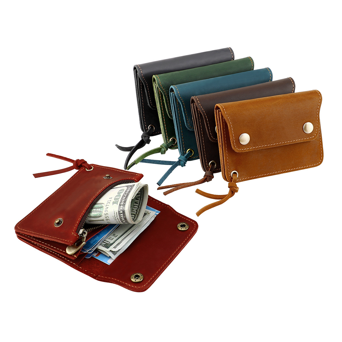 Khaki Vintage Handmade Crazy Horse Leather Wallet - Compact Card Holder & Zippered Coin Purse with Snap Closure — image 2