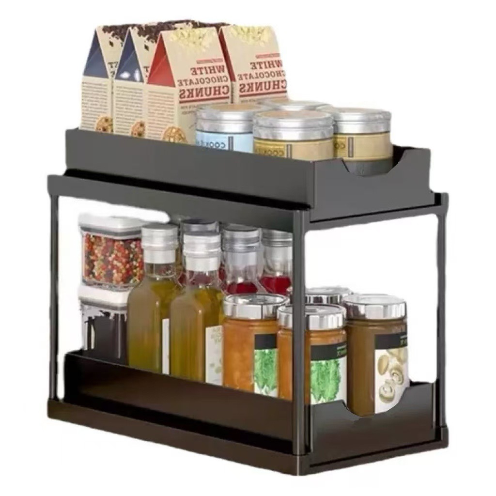 BLACK Two-tier pull-out storage rack. An organizational lifesaver for under the kitchen sink. Features adjustable shelves for easy storage of bottles and jars — image 2
