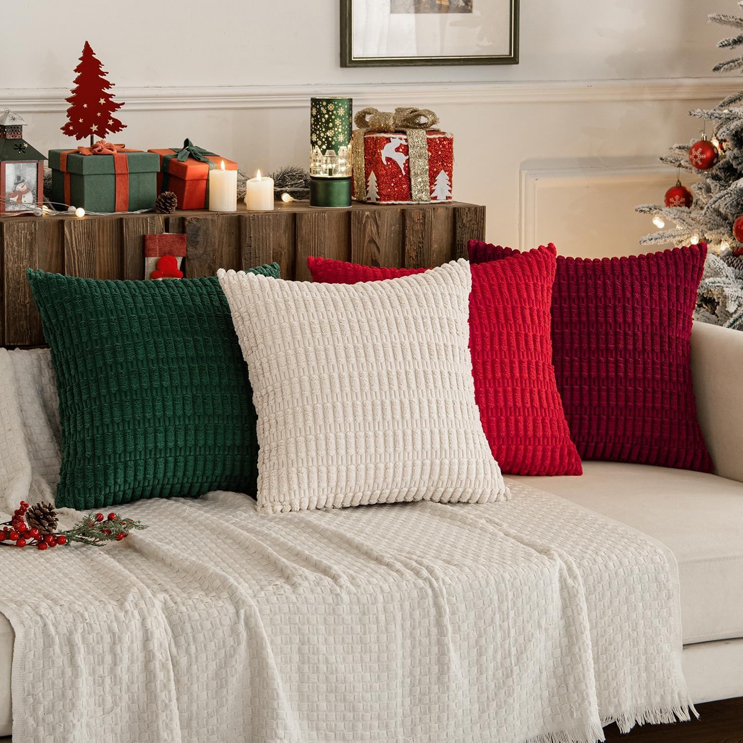 Pack of 4 Christmas Boho Farmhouse Red and Green Corduroy Decorative Throw Pillow Covers 18x18 Inch Retro Soft Striped Pillow Covers Home Decor for โ image 3