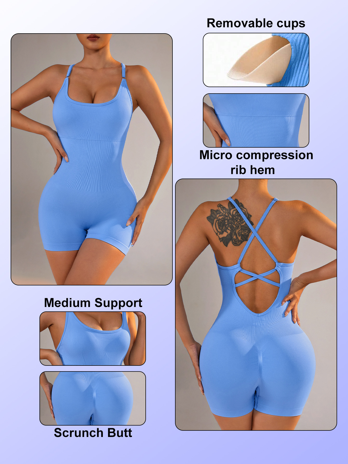 Size XS Light Blue Nylon Seamless Yoga Bodysuit - Women's Athletic Romper, Crisscross Back, Workout Jumpsuit — image 5