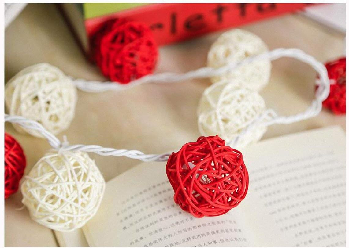 1 Set of Red and White 5cm Rattan Cane 50 Ball Battery Powered LONG 5m String Lights Christmas Gift Home Wedding Party Bedroom Decoration Table Centrepiece โ image 5