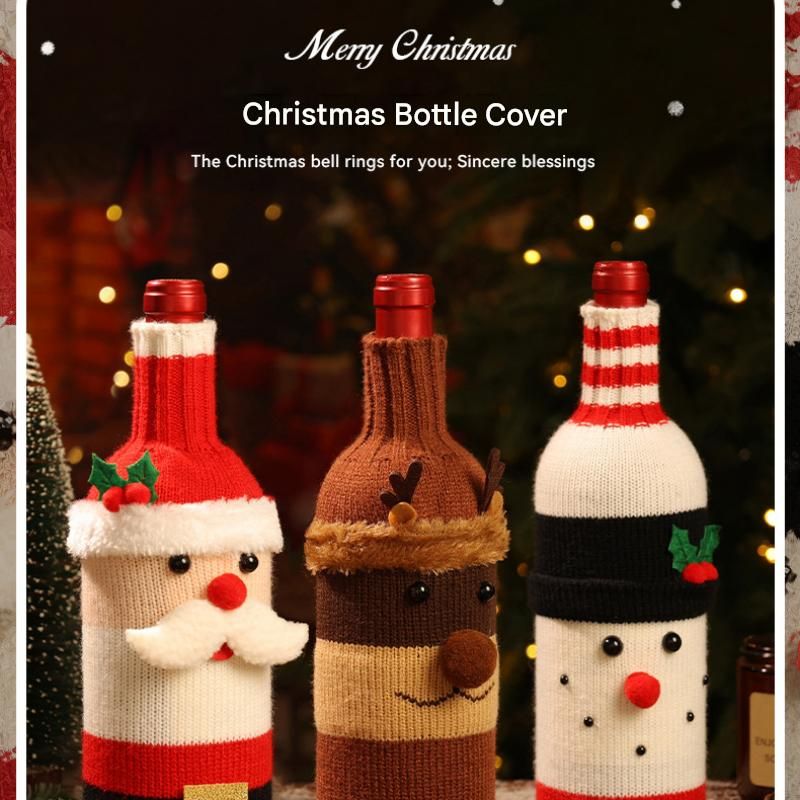3-piece Santa Claus and Reindeer Snowman and Designs Style Knitted Christmas Wine Bottle Cover - Festive Table Decor for Holiday Parties and Home Dining — image 4