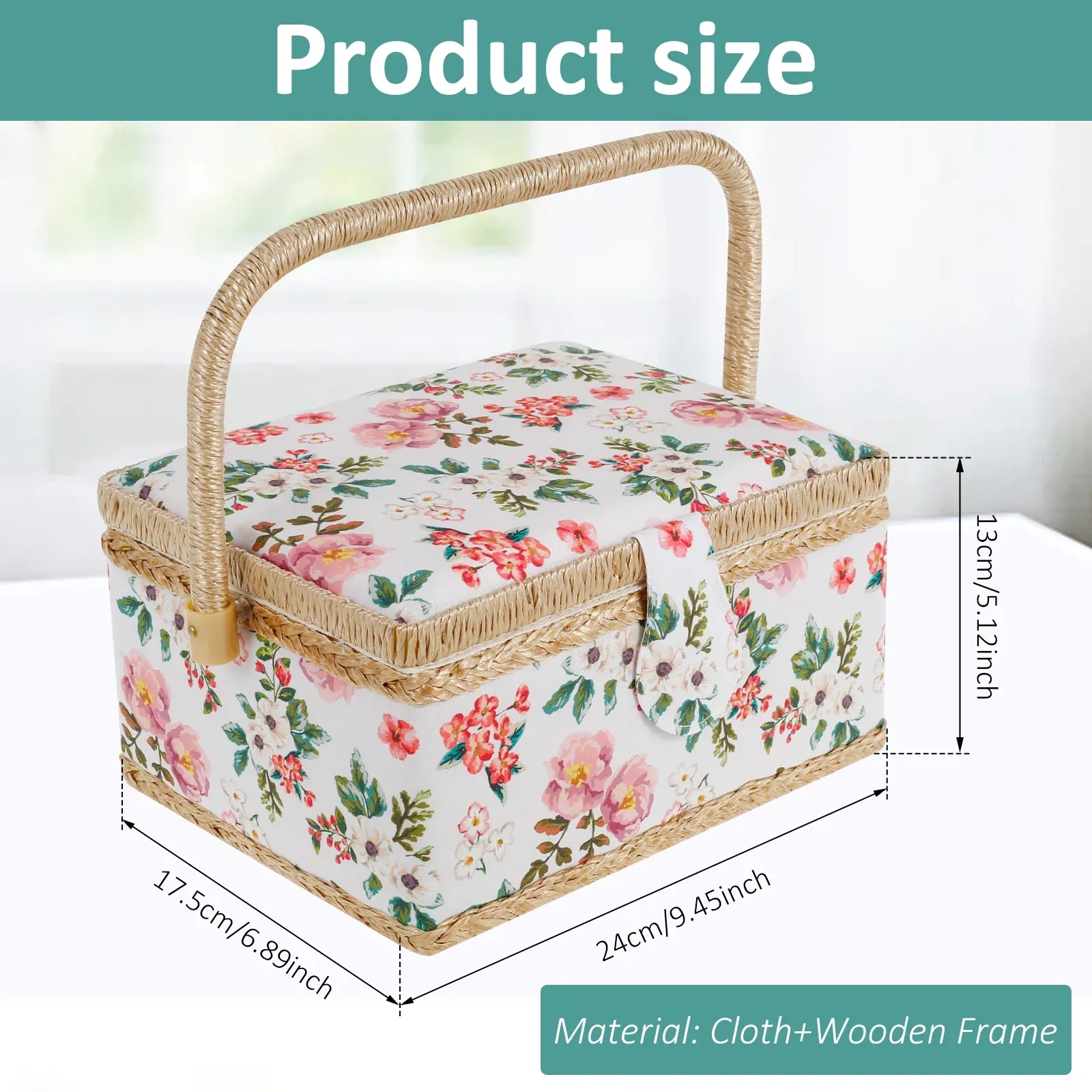 Sewing Basket with Removable Tray, Pin Cushion and Floral Fabric Organizer for Craft Supplies โ image 2