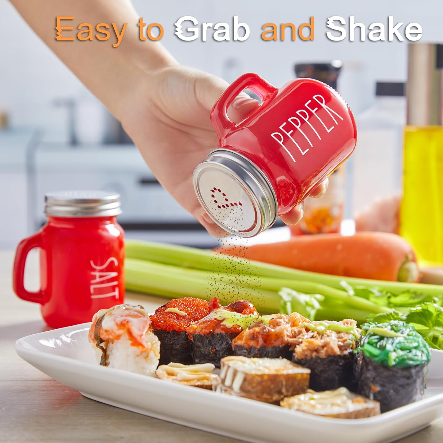 Red Salt and Pepper Shakers Set, 4 oz Cute Modern Glass Christmas Red Shaker Sets with Stainless Steel Lids, Red Kitchen Decor and Accessories for Home โ image 4