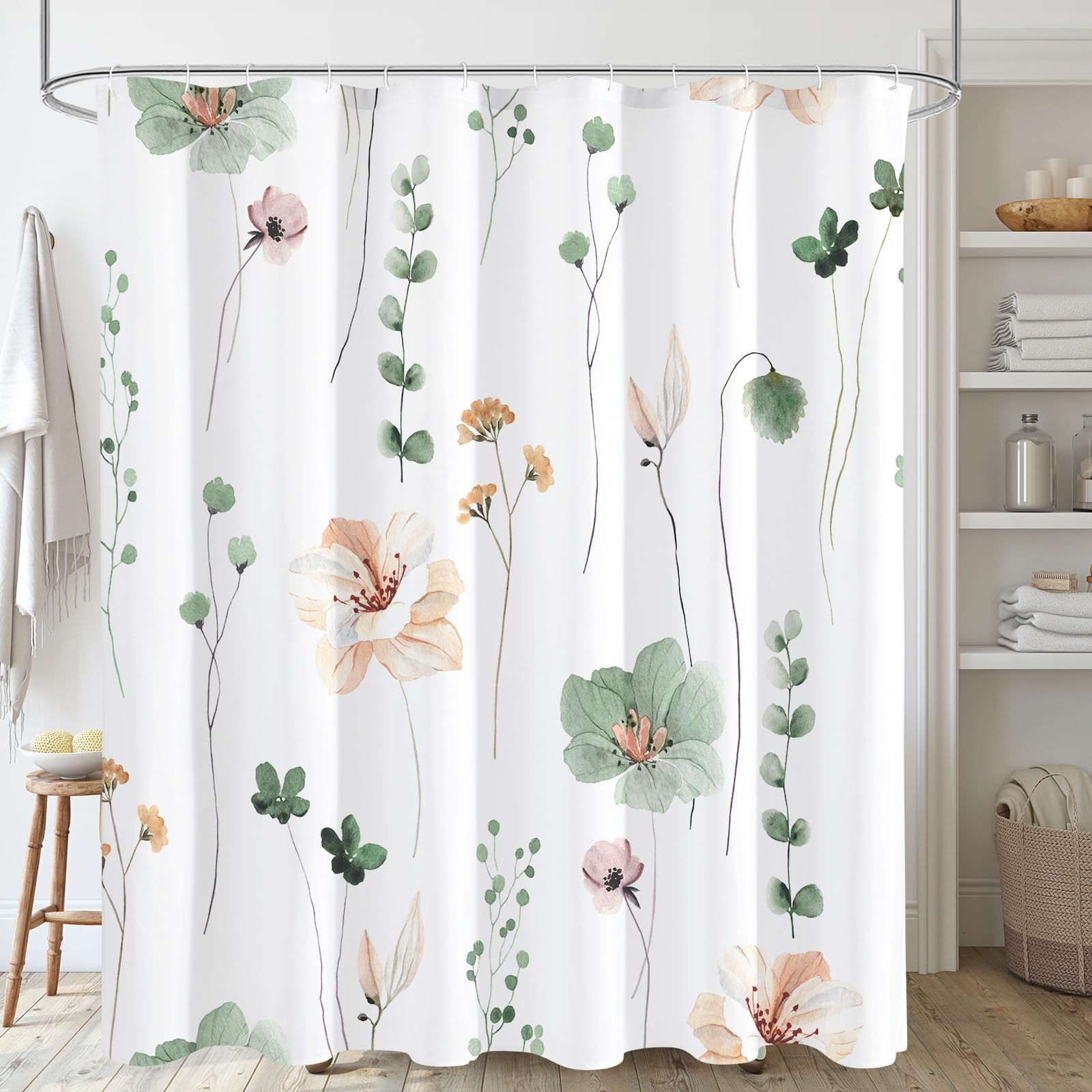 Watercolor Floral Shower Curtain, Beige Flower Shower Curtain for Bathroom, Modern Minimalist White Set with Hooks 72 × 72 Inch