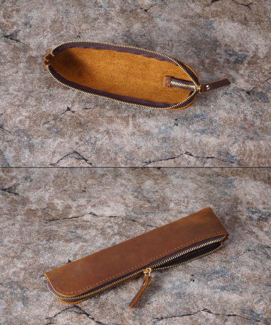 Black Vintage Crazy Horse Leather Zippered Pen Case - Retro Pencil Pouch & Small Accessories Bag โ image 5